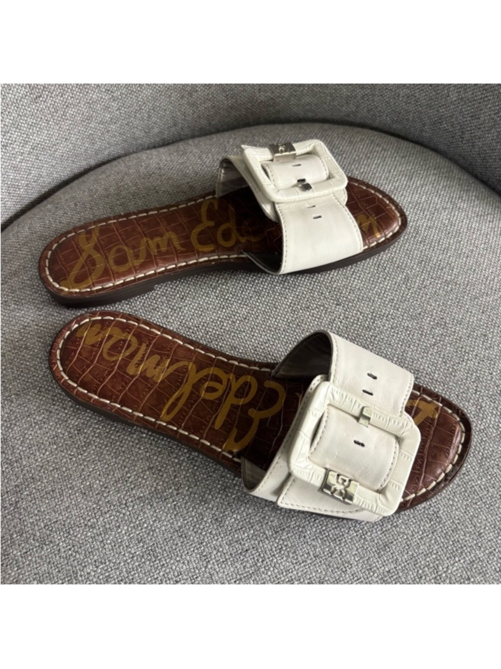 Sam Edelman Granada Leather Slide Sandal White Large Buckle Womens 5.5 LIKE NEW‎